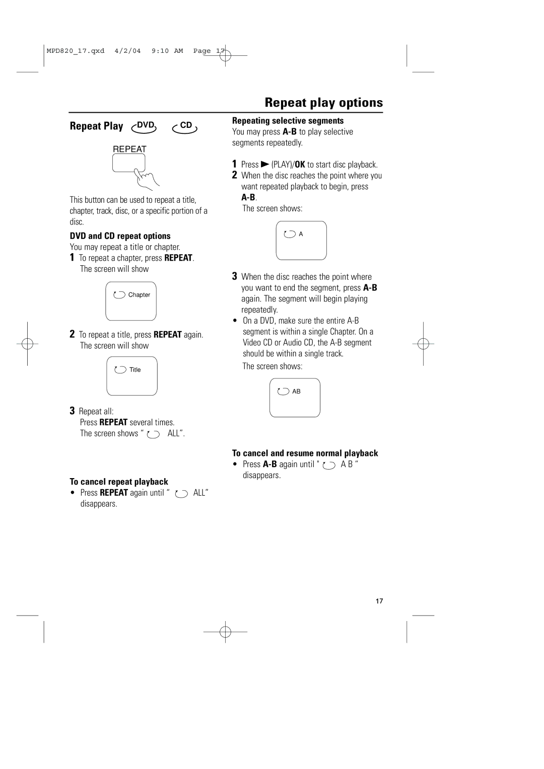 Magnavox MPD820 owner manual Repeat play options, Repeat Play DVD, Repeating selective segments 