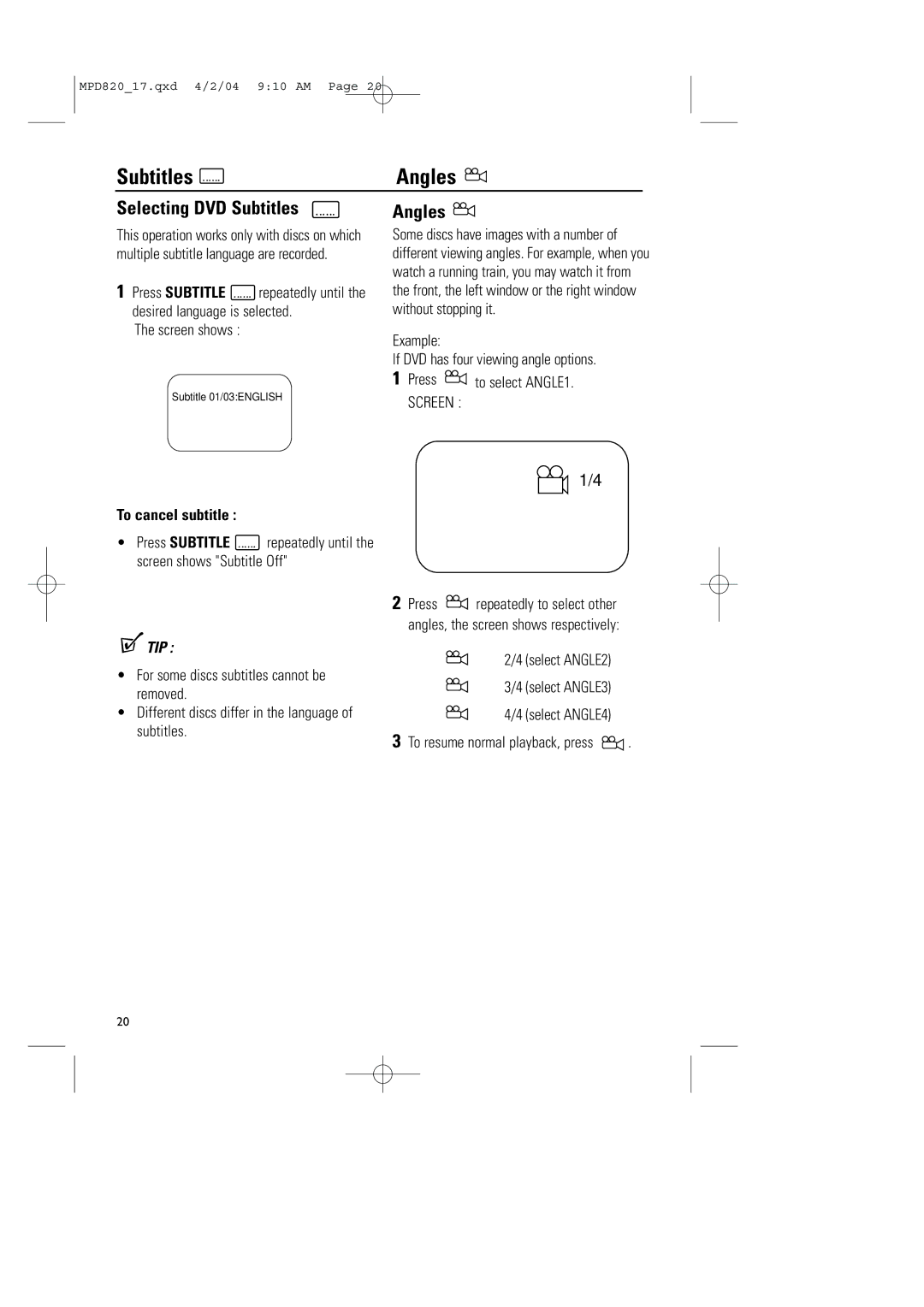 Magnavox MPD820 owner manual Selecting DVD Subtitles, Angles, To cancel subtitle 