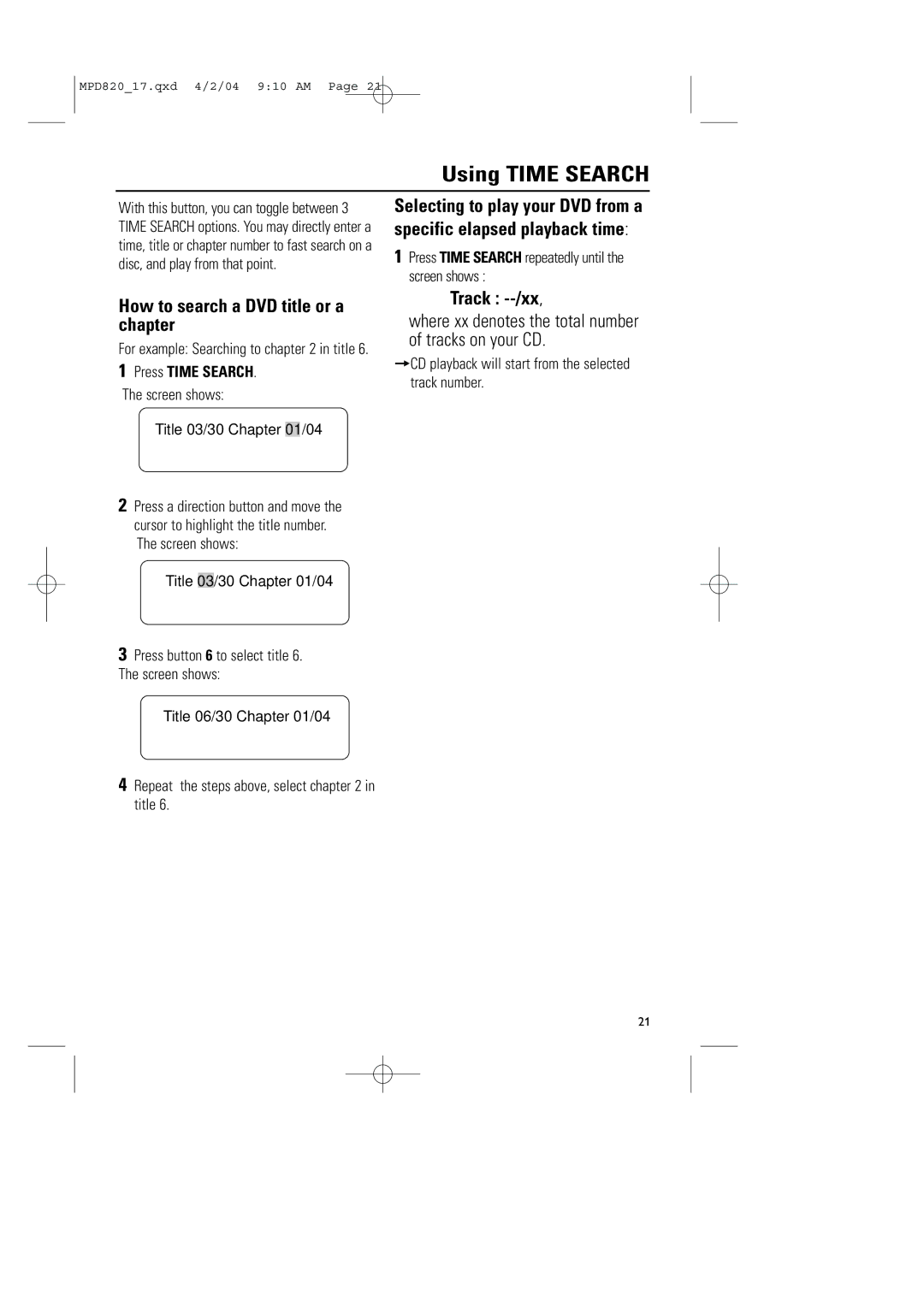 Magnavox MPD820 owner manual Using Time Search, How to search a DVD title or a chapter, Track --/xx 