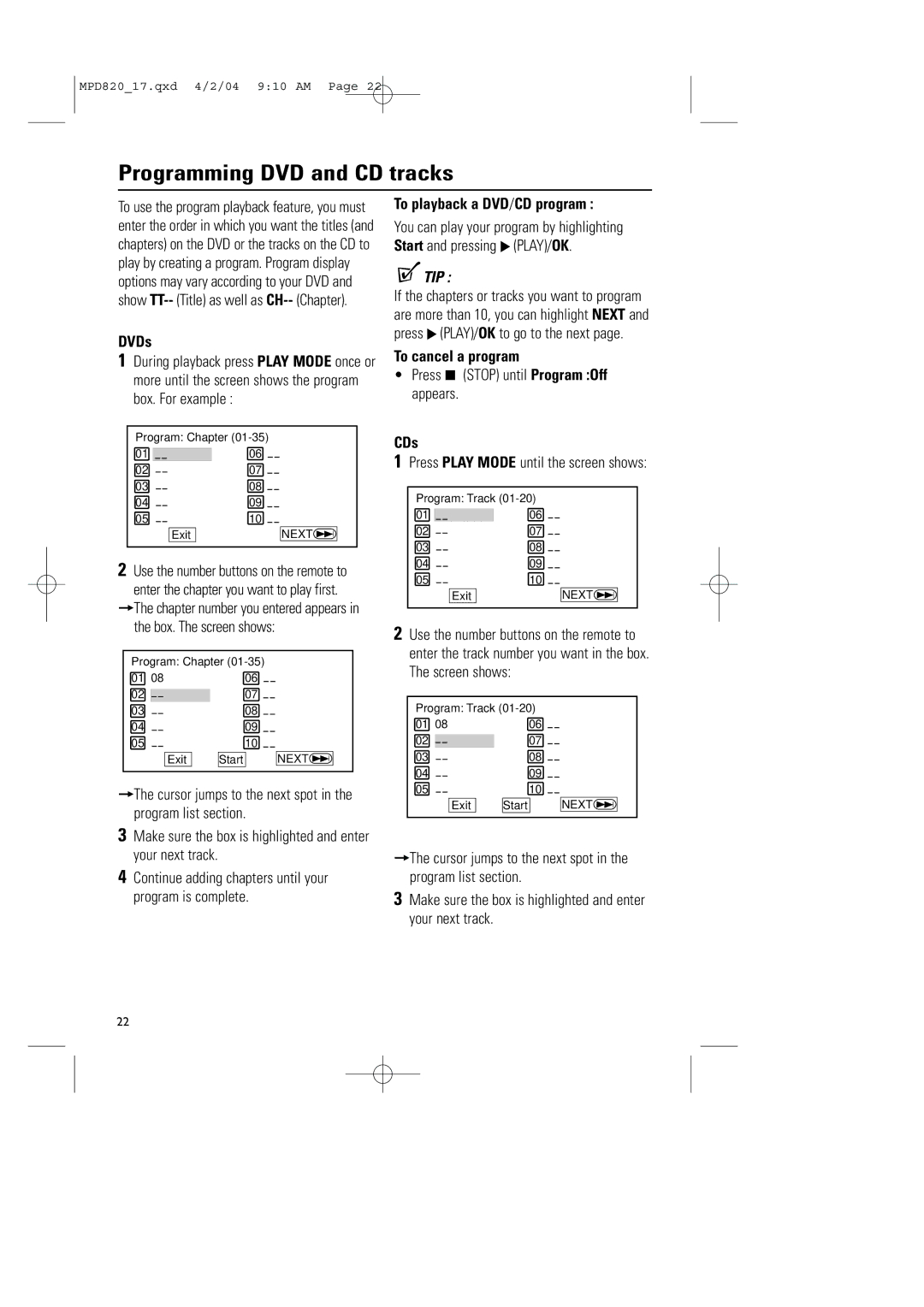 Magnavox MPD820 owner manual Programming DVD and CD tracks, DVDs, To playback a DVD/CD program, To cancel a program, CDs 