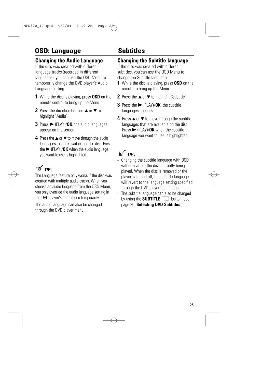 Magnavox MPD820 owner manual OSD Language Subtitles, Changing the Audio Language, Changing the Subtitle language 