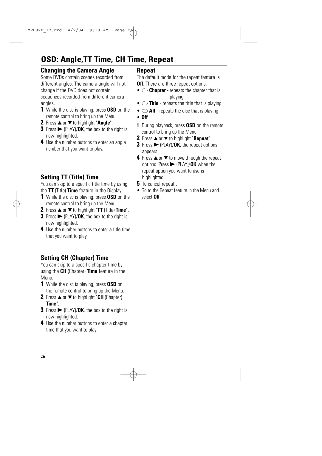 Magnavox MPD820 owner manual OSD Angle,TT Time, CH Time, Repeat, Changing the Camera Angle, Setting TT Title Time 