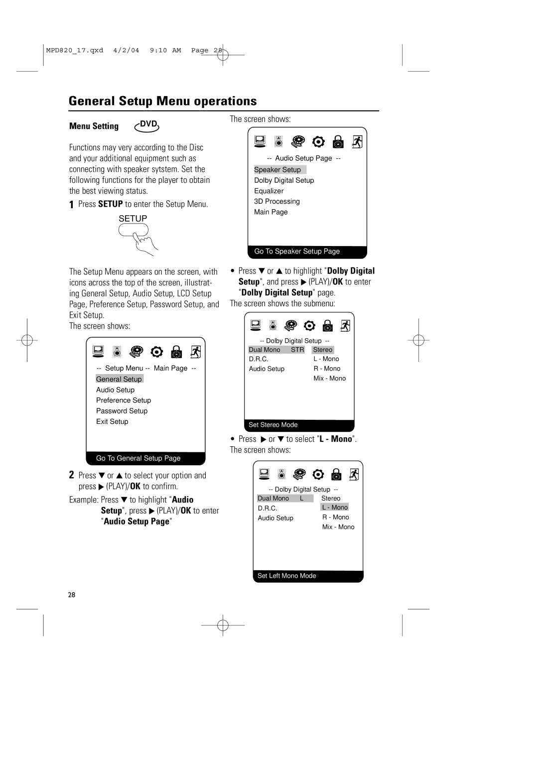 Magnavox MPD820 owner manual General Setup Menu operations, Menu Setting, Press 2 or 4 to select L Mono. The screen shows 