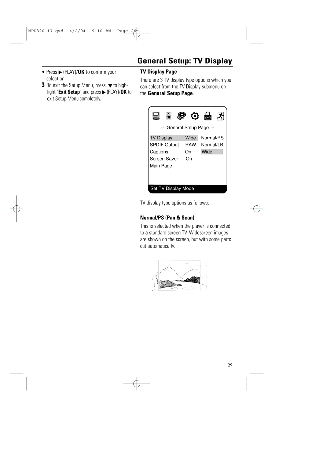 Magnavox MPD820 General Setup TV Display, Press 2 PLAY/OK to confirm your selection, TV display type options as follows 