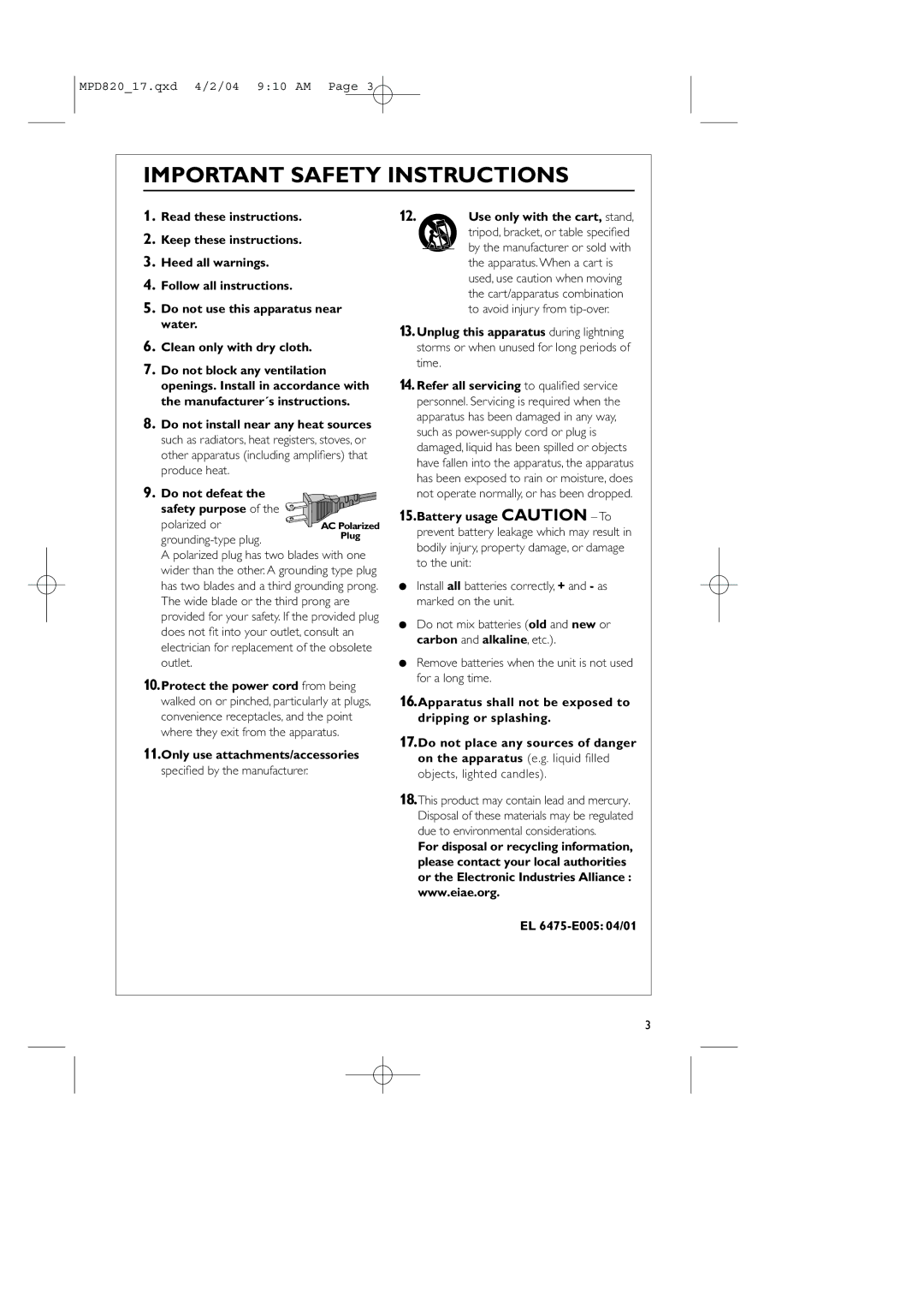 Magnavox MPD820 owner manual Important Safety Instructions 