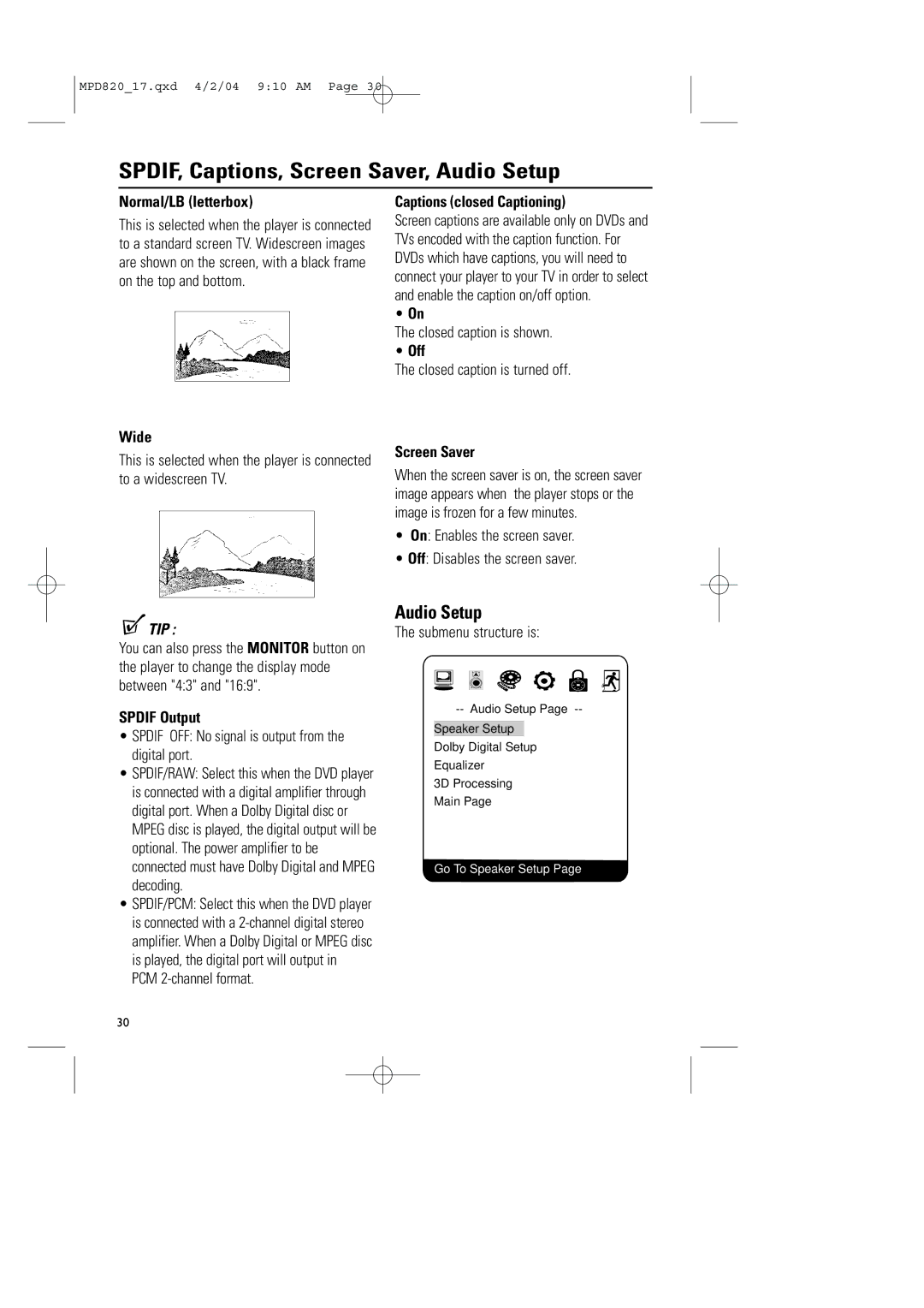 Magnavox MPD820 owner manual SPDIF, Captions, Screen Saver, Audio Setup 