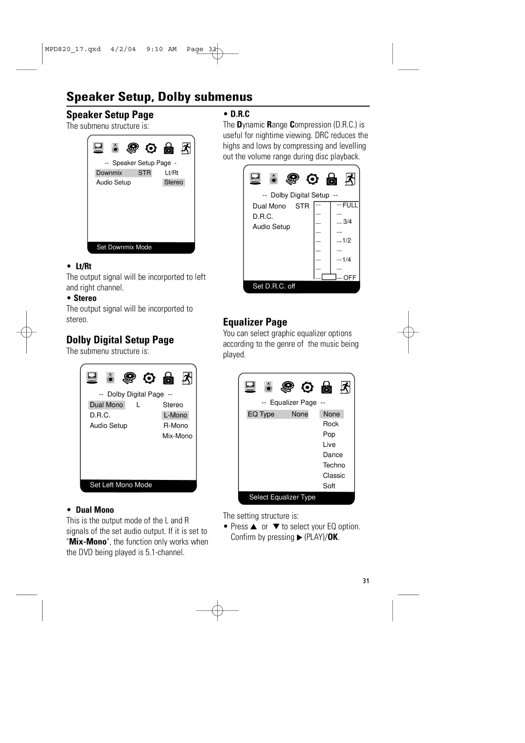 Magnavox MPD820 owner manual Speaker Setup, Dolby submenus, Dolby Digital Setup, Equalizer 