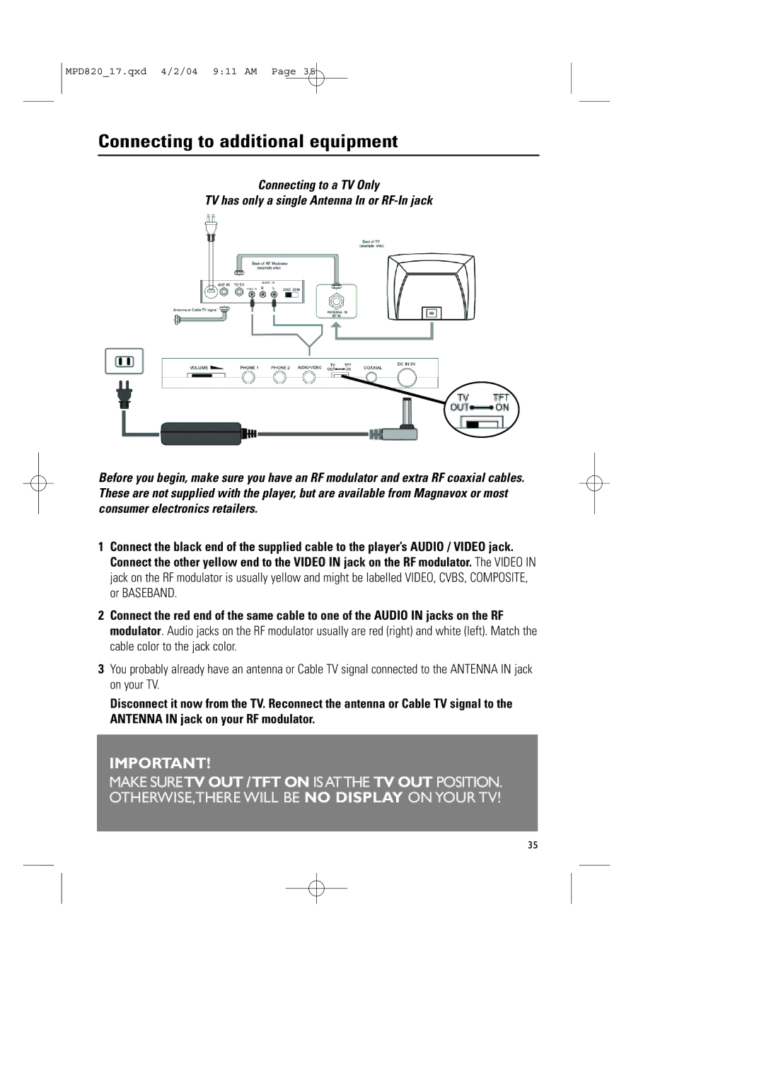 Magnavox MPD820 owner manual Connecting to additional equipment 