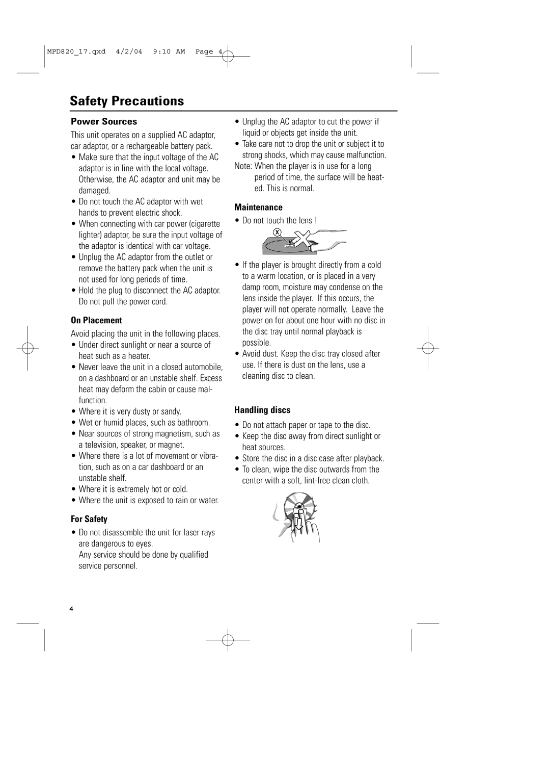 Magnavox MPD820 owner manual Safety Precautions 