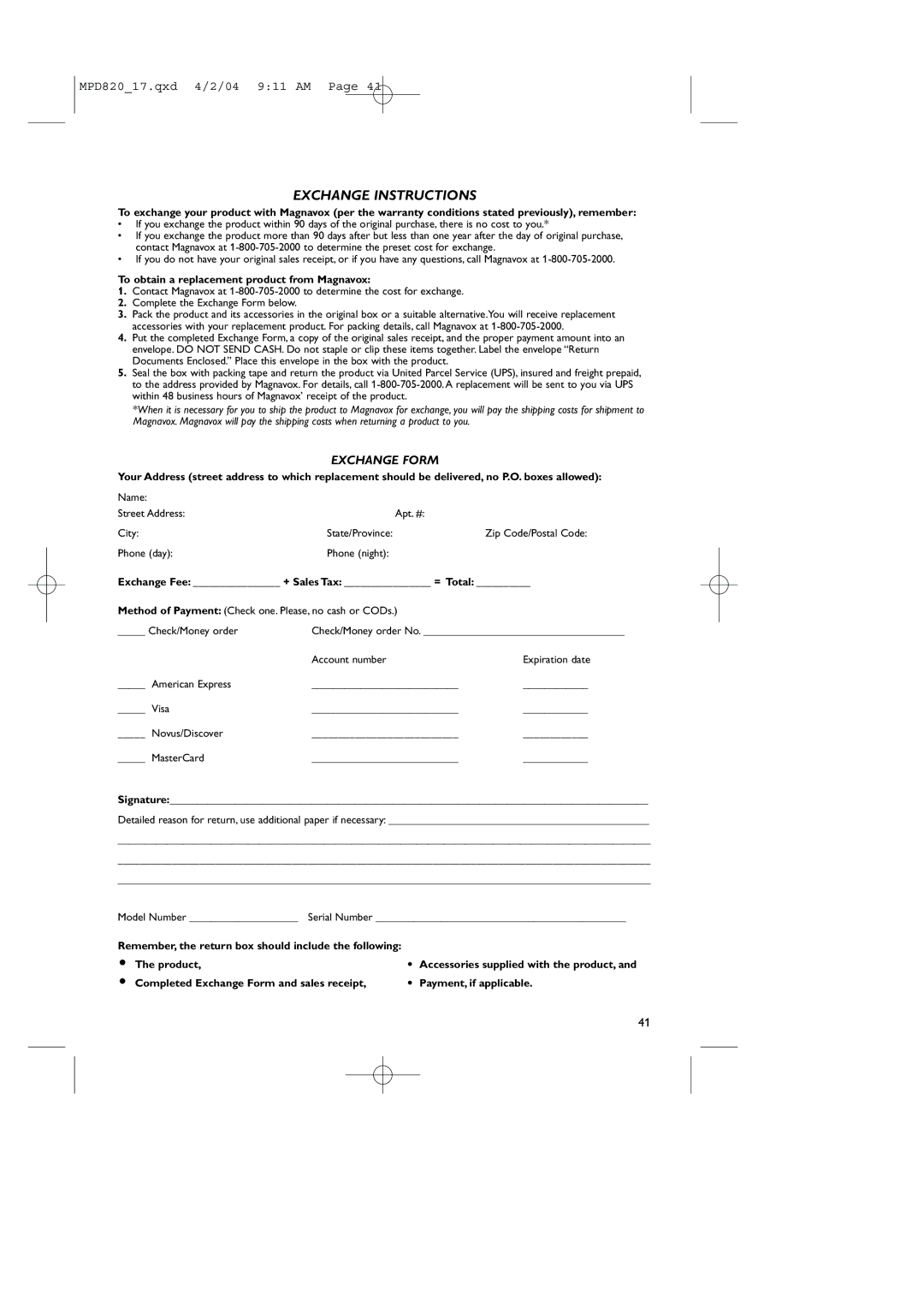 Magnavox MPD820 owner manual Exchange Instructions 