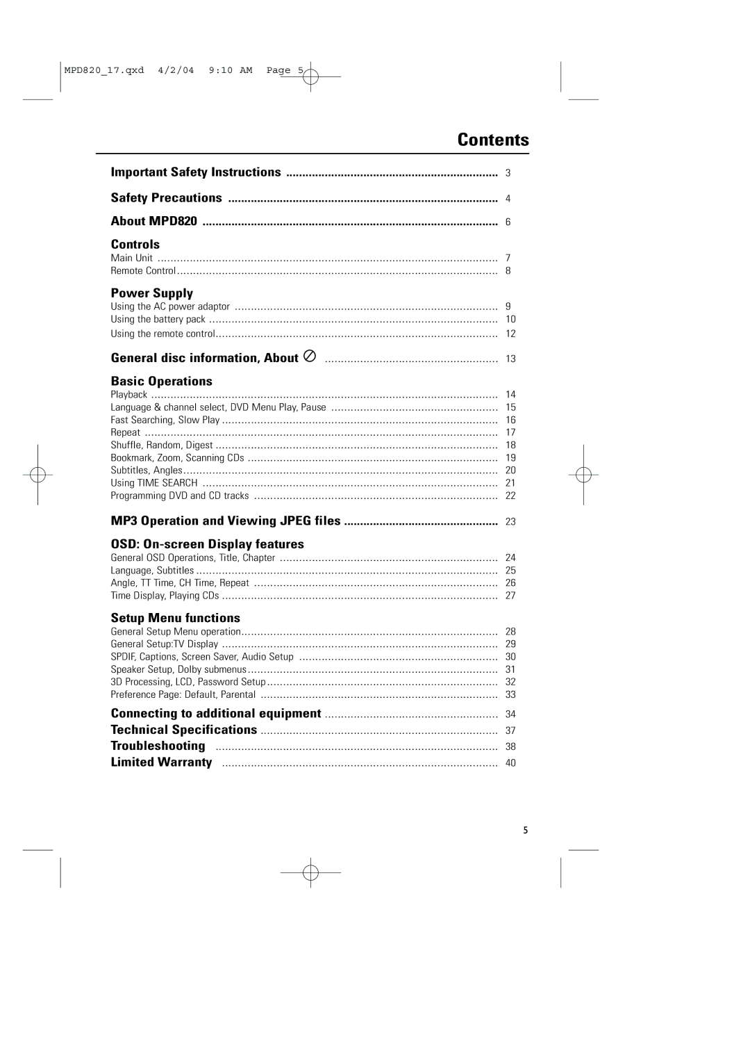 Magnavox MPD820 owner manual Contents 