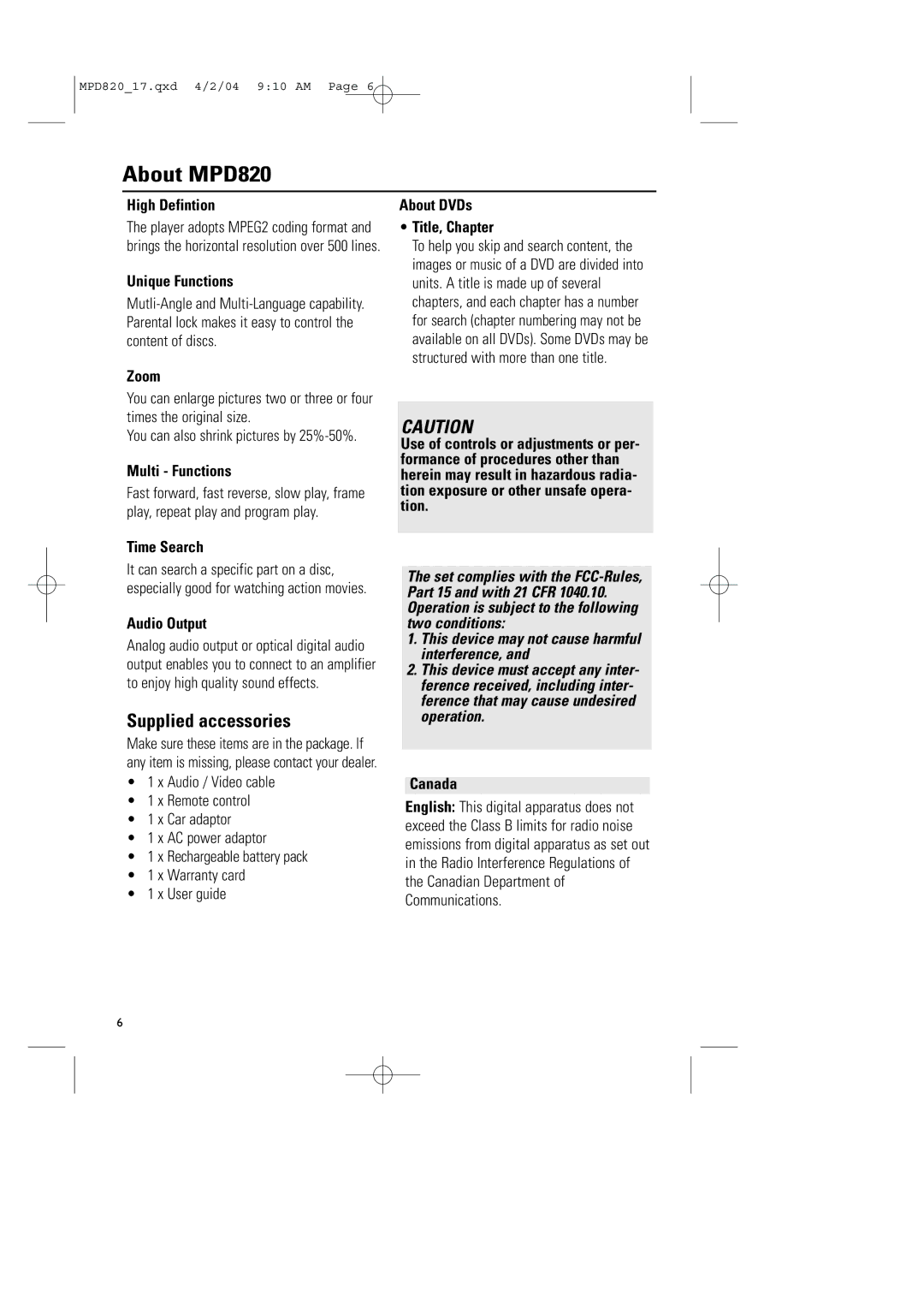 Magnavox owner manual About MPD820, Supplied accessories 