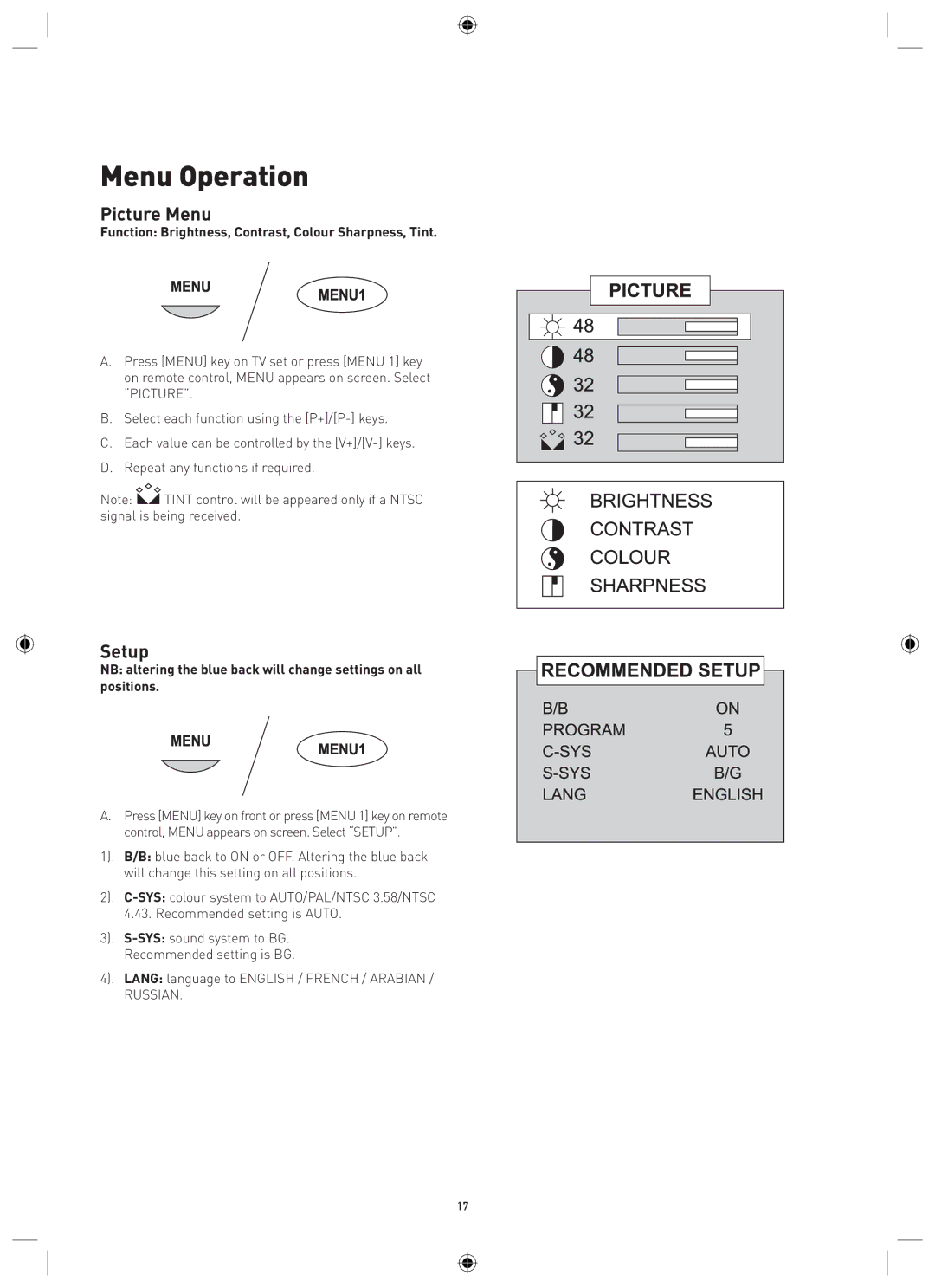 Magnavox MPF68A, MTV68A manual Menu Operation, Picture Menu, Setup 