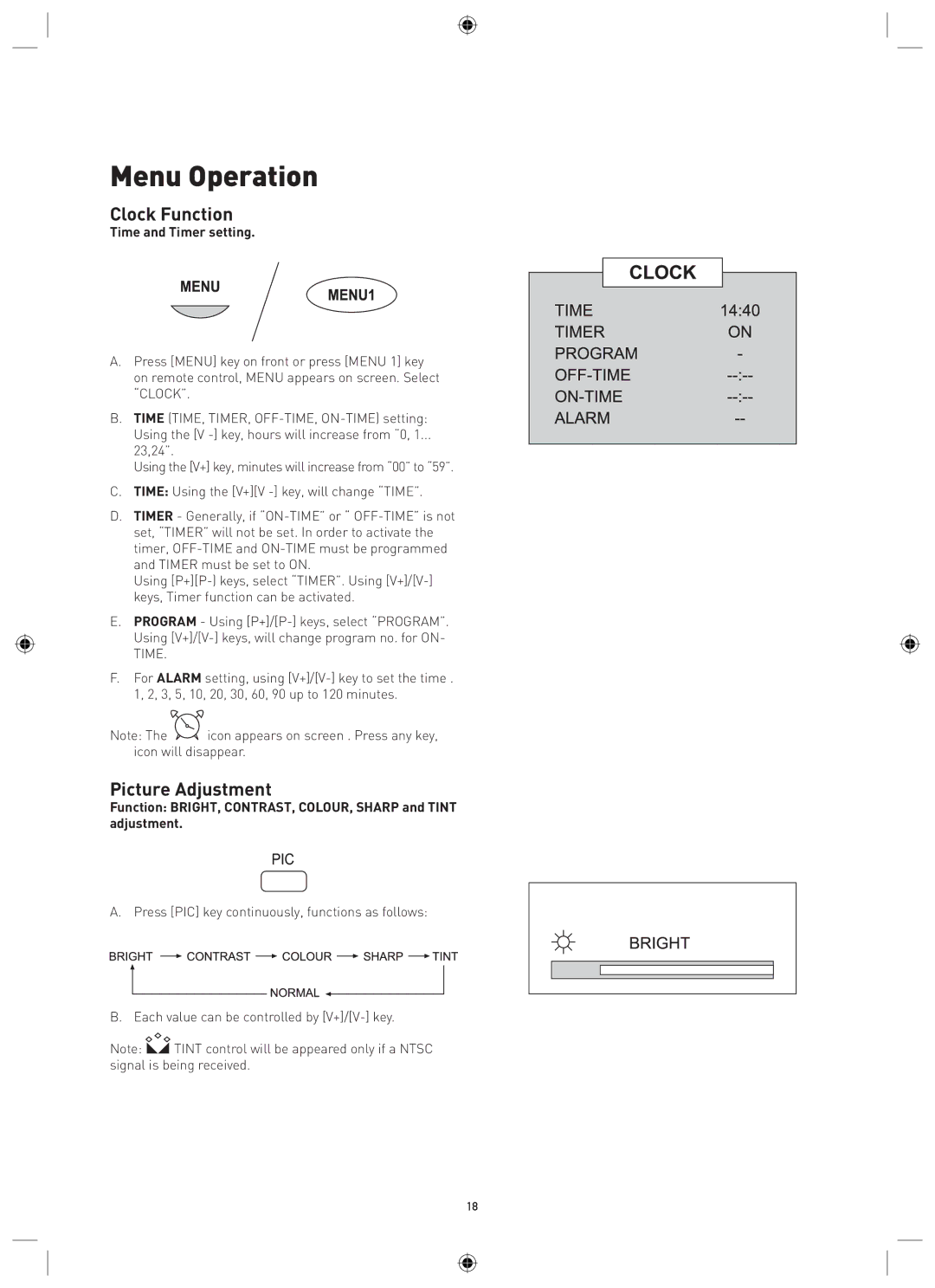 Magnavox MPF68A, MTV68A manual Clock Function, Picture Adjustment 