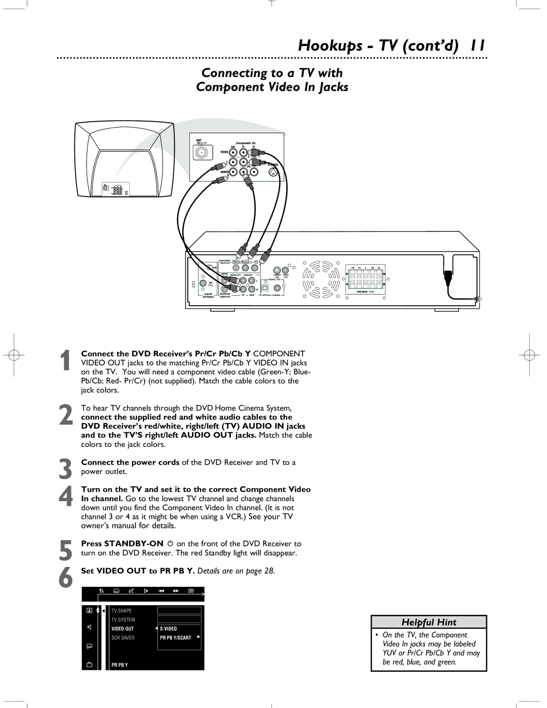 Magnavox MRD-200 warranty Hookups TV cont’d, Connecting to a TV with Component Video In Jacks 