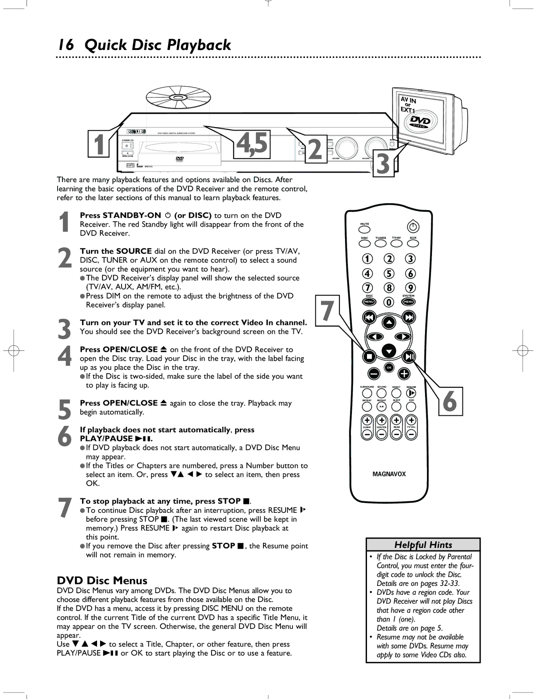 Magnavox MRD-200 warranty Quick Disc Playback, DVD Disc Menus, Turn on your TV and set it to the correct Video In channel 