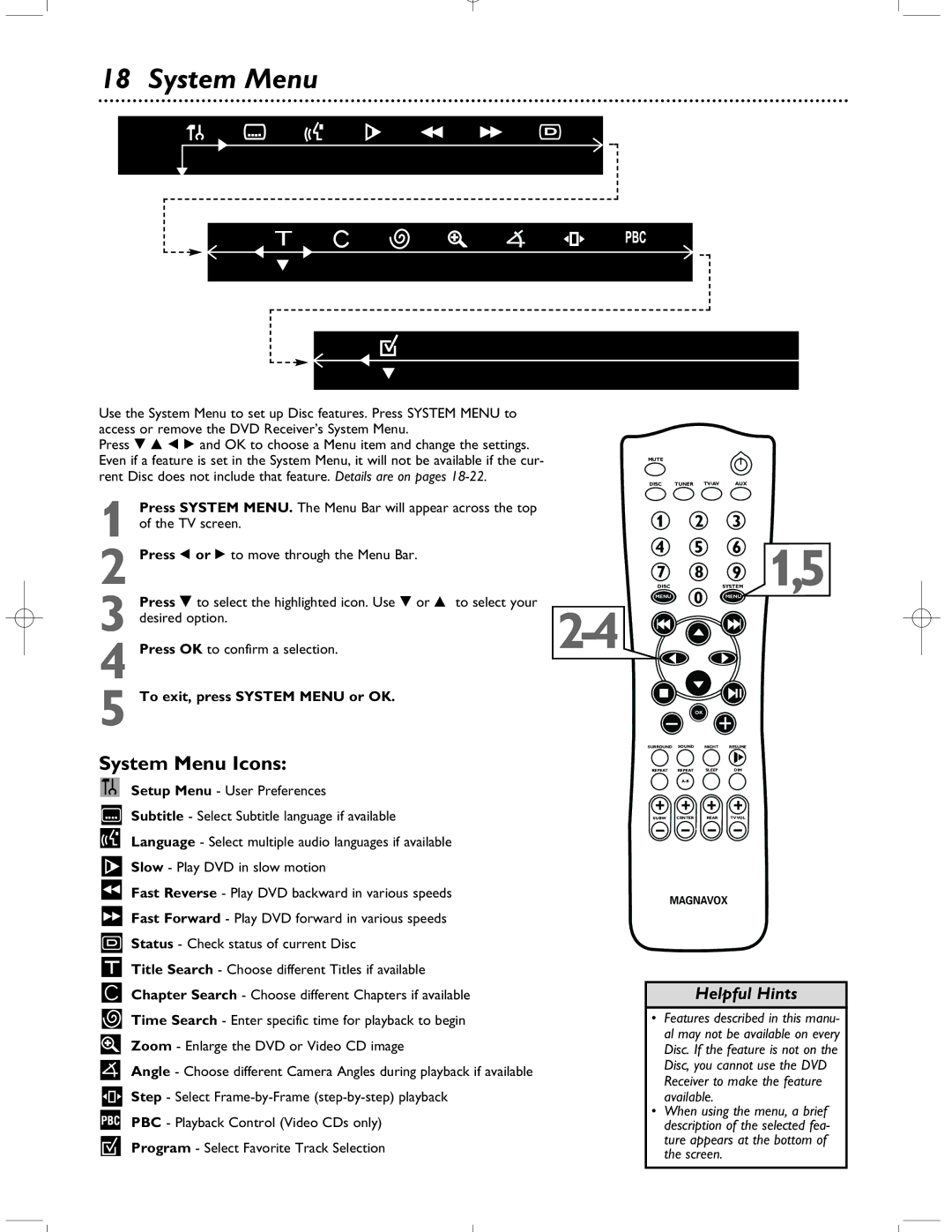 Magnavox MRD-200 warranty System Menu Icons, To exit, press System Menu or OK 