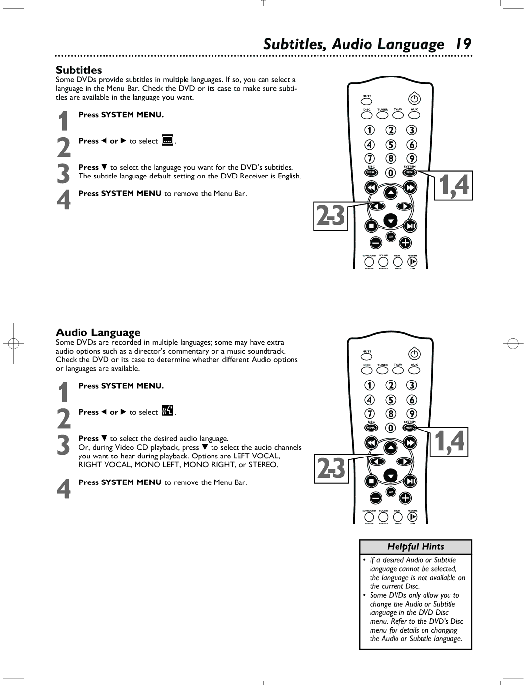 Magnavox MRD-200 warranty Subtitles, Audio Language, Press System Menu to remove the Menu Bar 