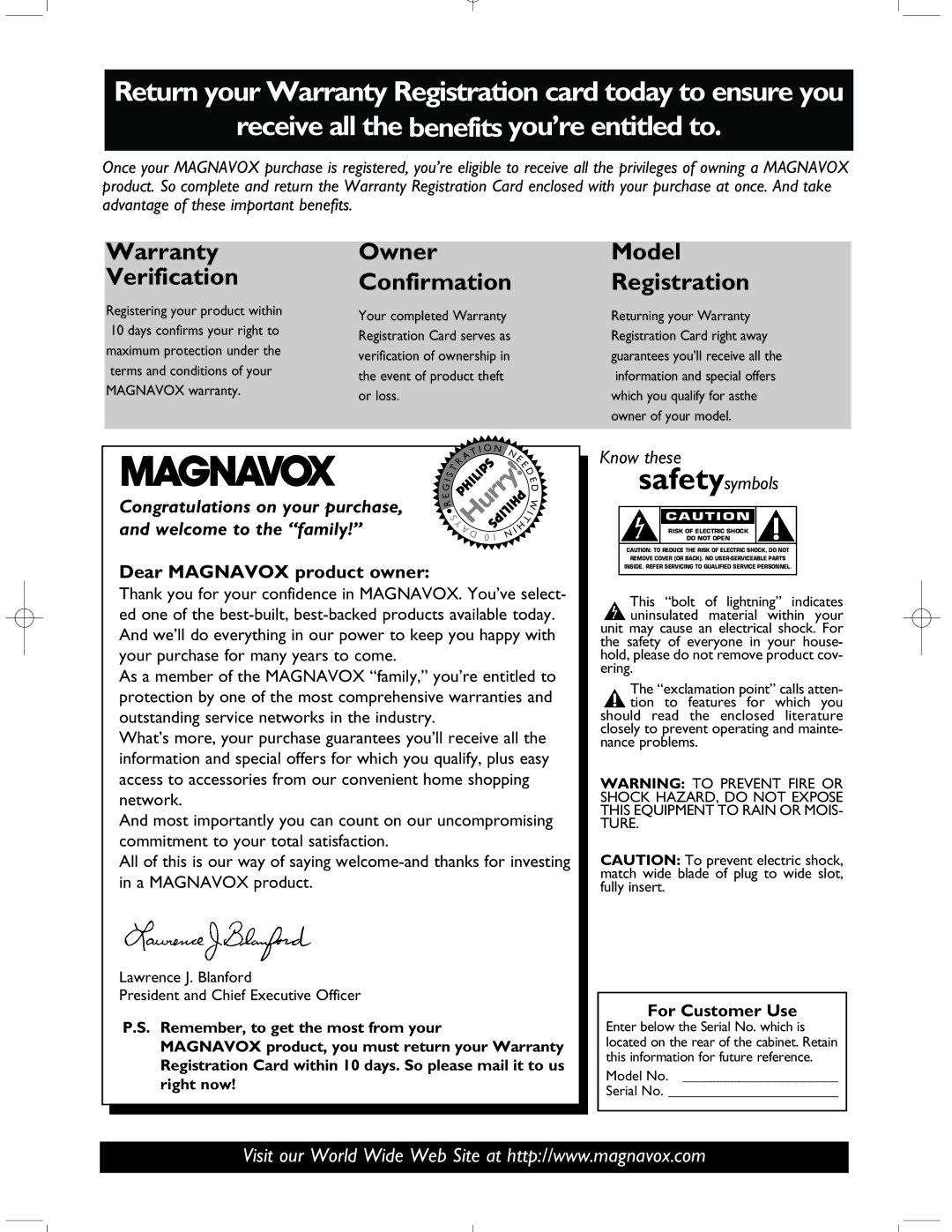 Magnavox MRD-200 warranty Warranty Verification, Model No Serial No 