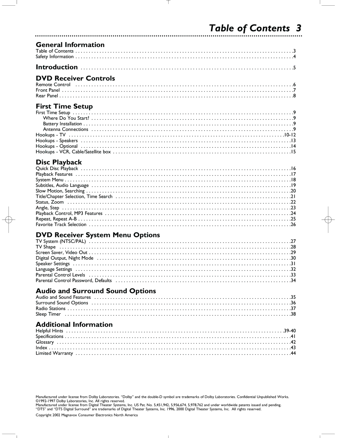 Magnavox MRD-200 warranty Table of Contents 