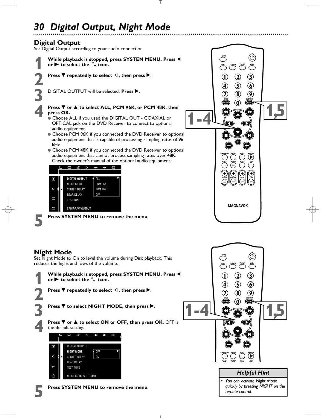 Magnavox MRD-200 warranty Digital Output, Night Mode, Set Digital Output according to your audio connection 