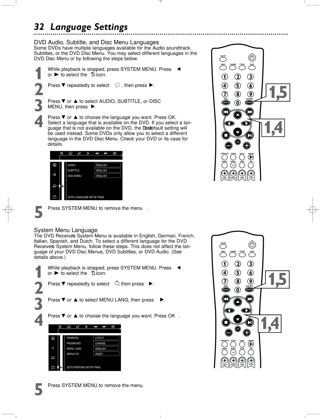 Magnavox MRD-200 warranty Language Settings, DVD Audio, Subtitle, and Disc Menu Languages 