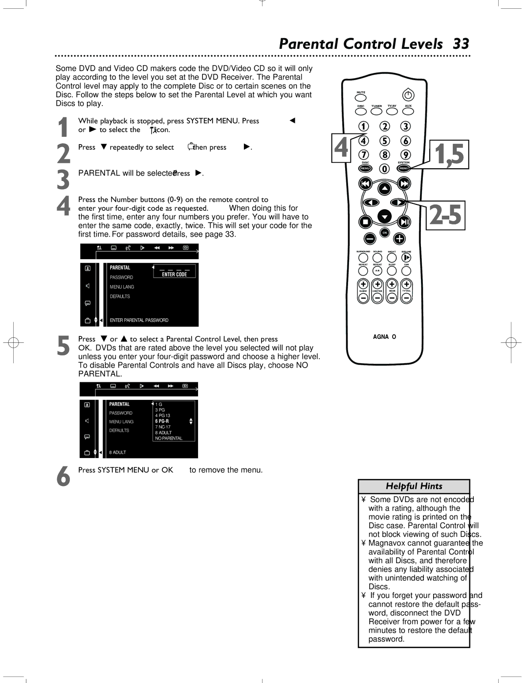 Magnavox MRD-200 warranty Parental Control Levels, Parental will be selected. Press 