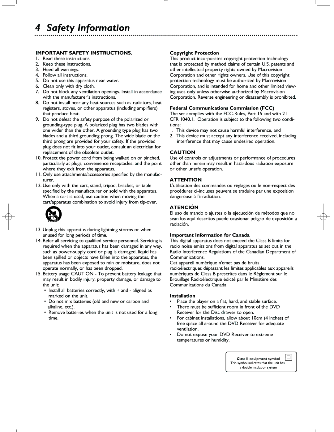 Magnavox MRD-200 warranty Safety Information, Copyright Protection, Federal Communications Commission FCC, Installation 