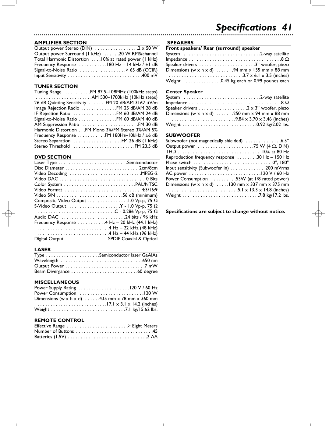 Magnavox MRD-200 warranty Specifications, Front speakers/ Rear surround speaker, Center Speaker 