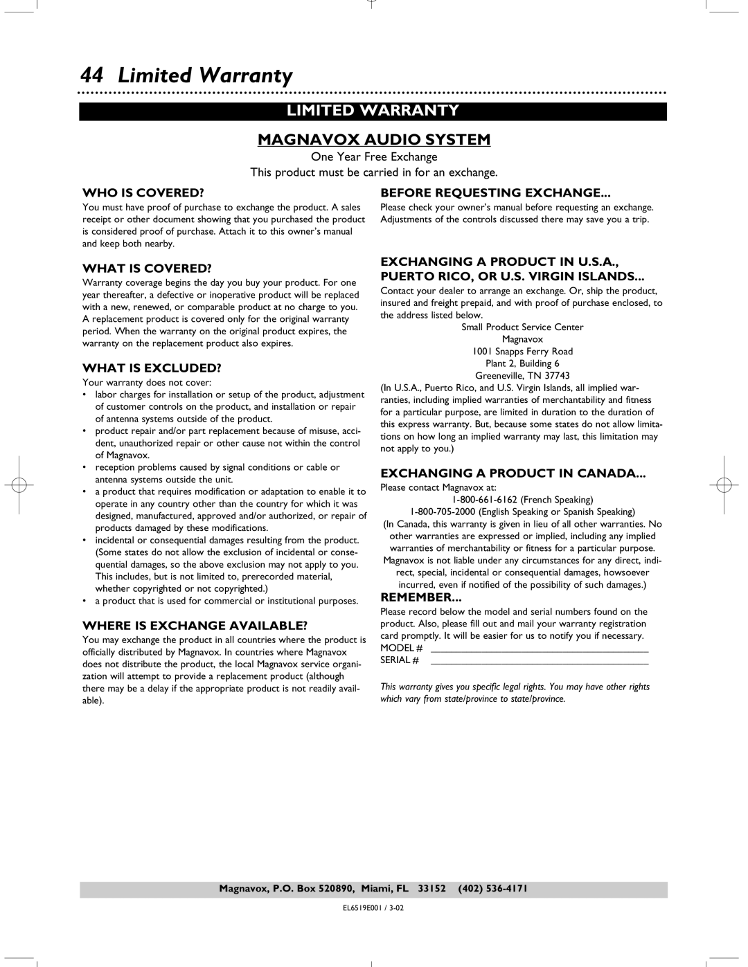 Magnavox MRD-200 warranty Limited Warranty 