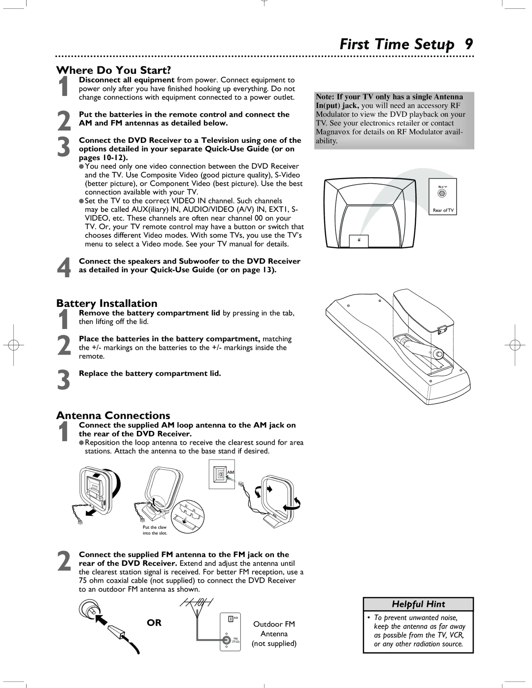 Magnavox MRD-200 warranty First Time Setup, Where Do You Start?, Battery Installation, Antenna Connections 