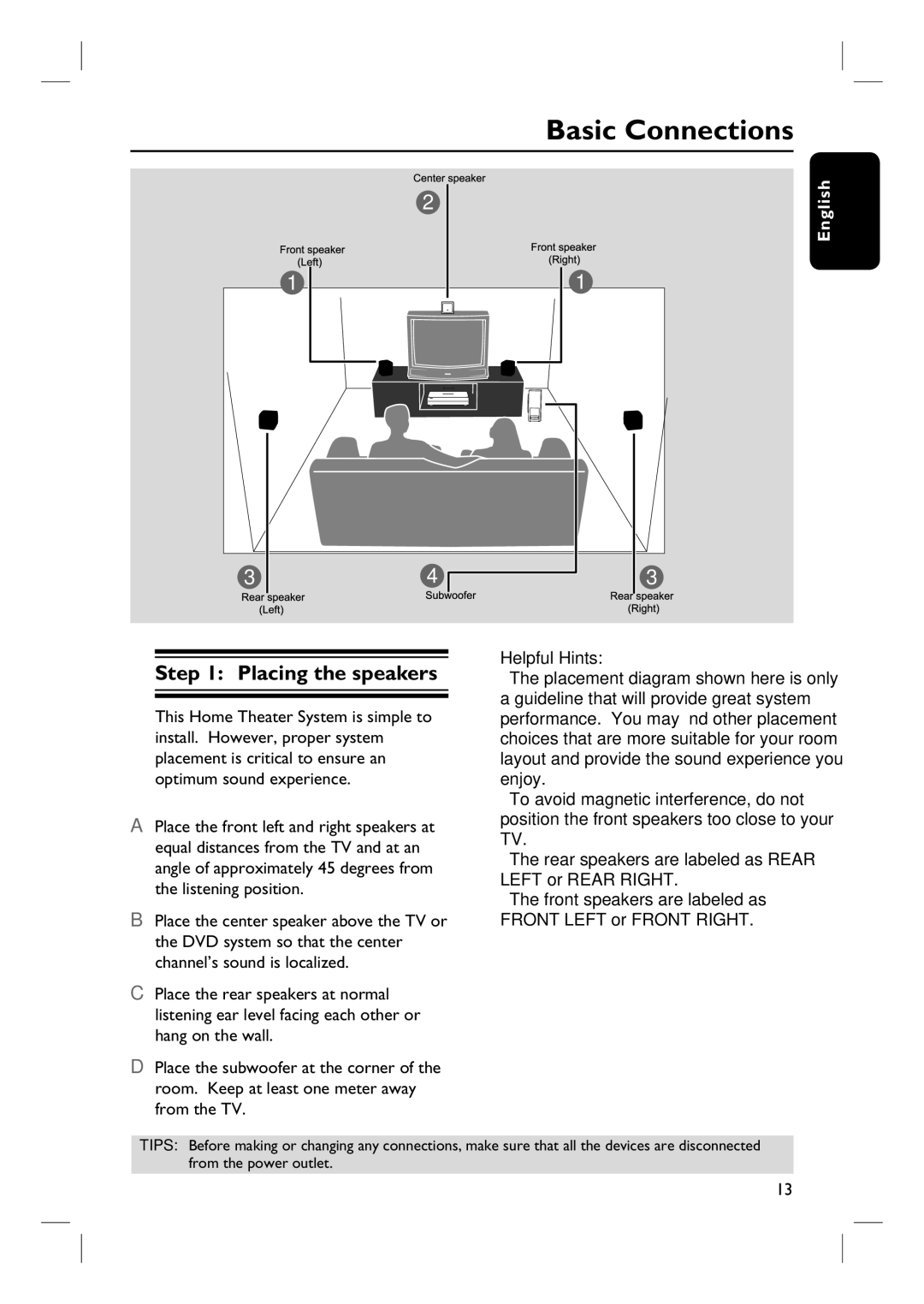 Magnavox MRD100 user manual Basic Connections, Placing the speakers 