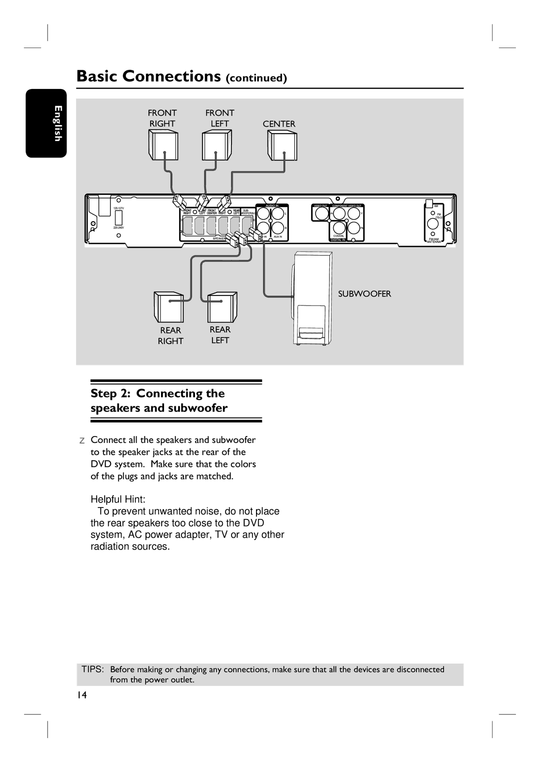 Magnavox MRD100 user manual Basic Connections, Connecting the speakers and subwoofer 