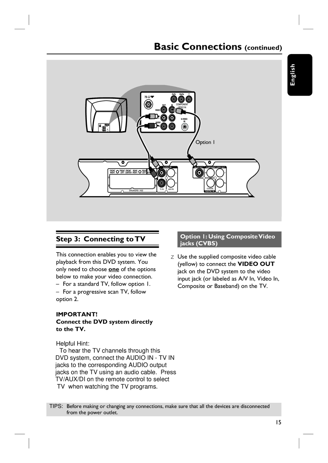 Magnavox MRD100 Connecting to TV, Option 1 Using Composite Video jacks Cvbs, Connect the DVD system directly to the TV 