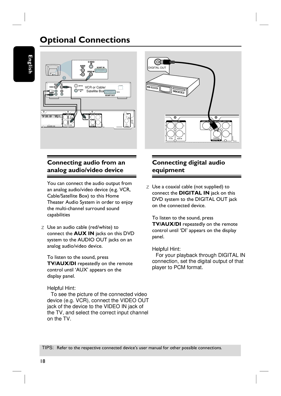 Magnavox MRD100 user manual Optional Connections, Connecting digital audio equipment 