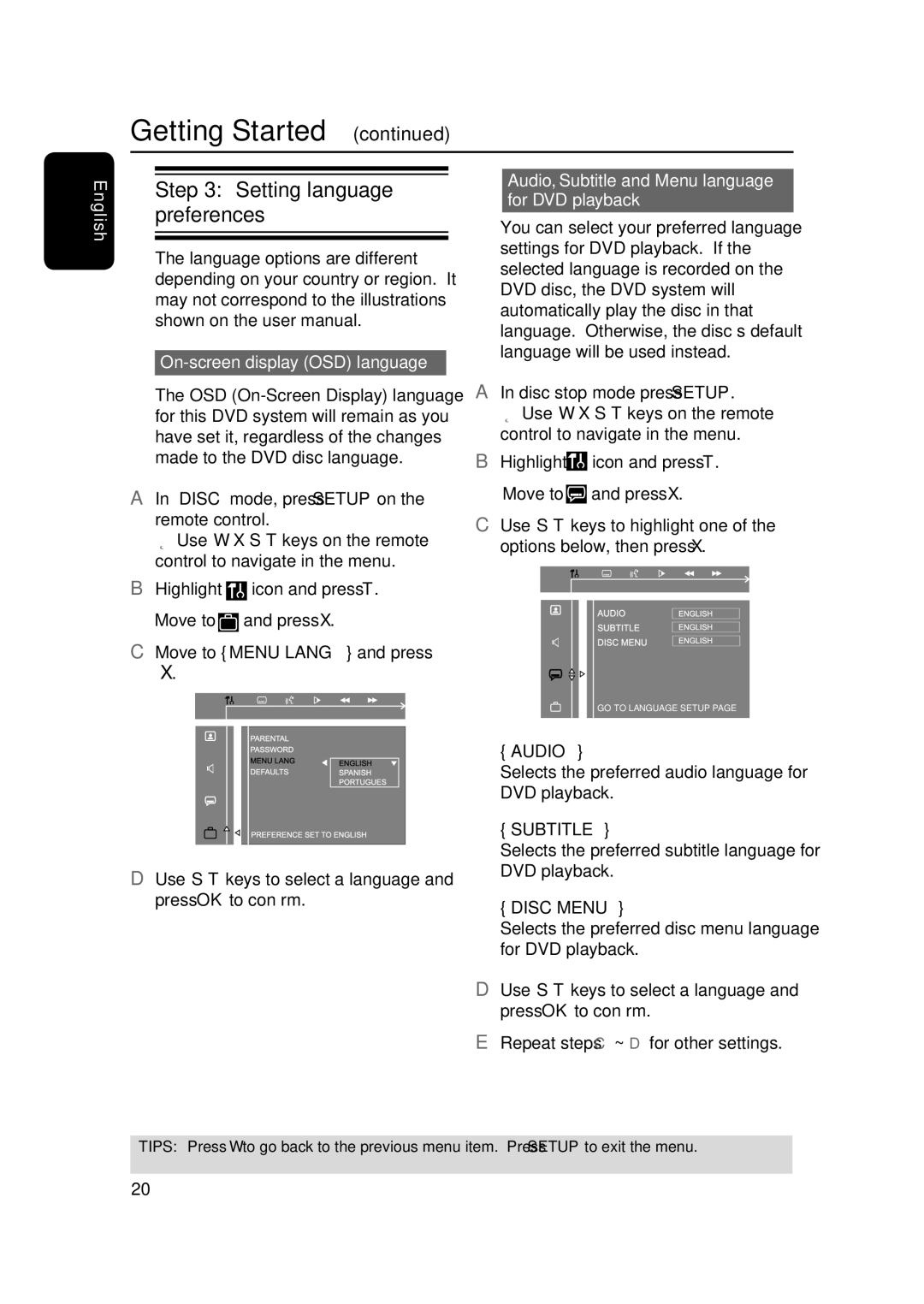 Magnavox MRD100 user manual Setting language preferences, Audio, Subtitle, Disc Menu 