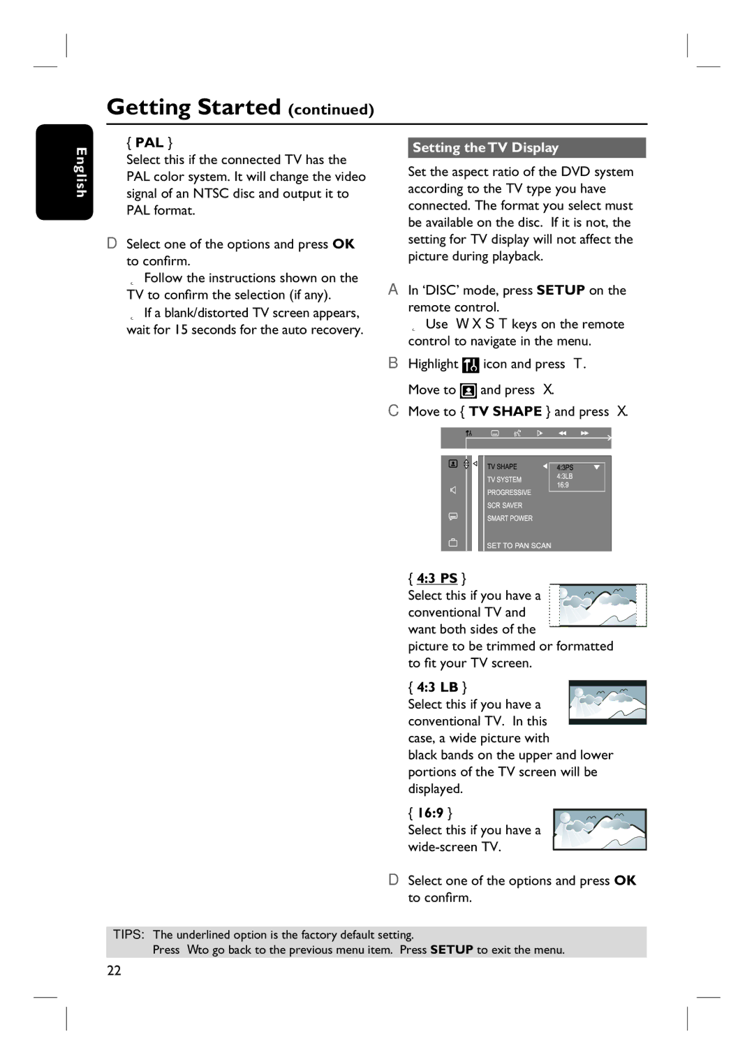 Magnavox MRD100 user manual Pal, Setting the TV Display, 43 PS, 169 