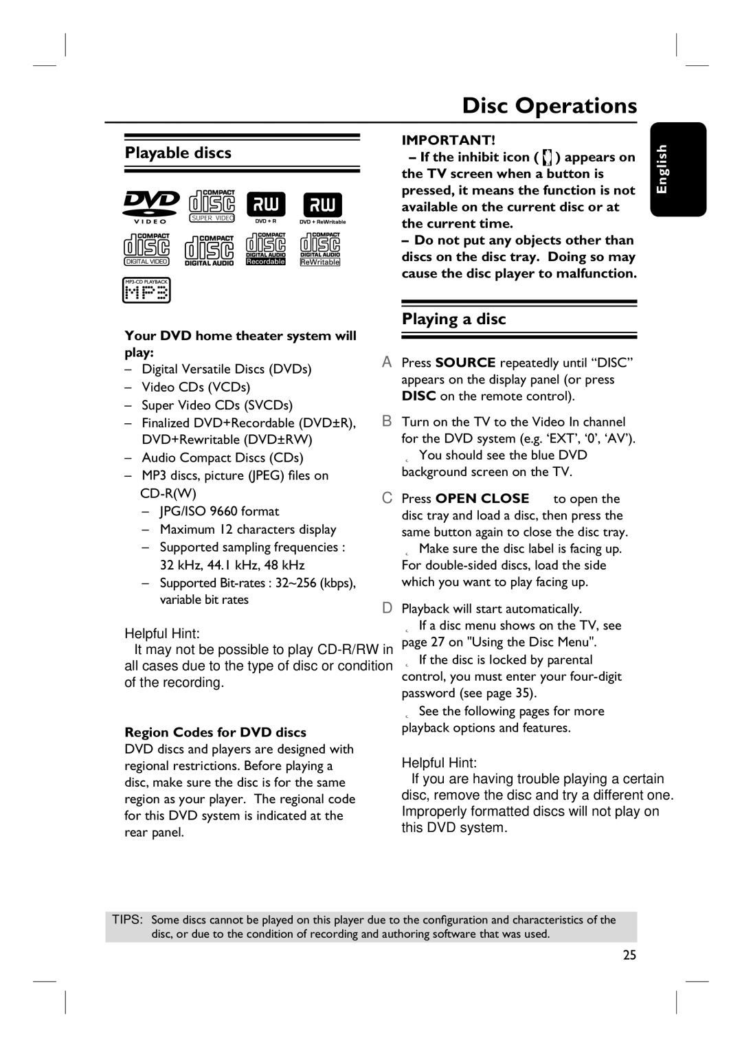 Magnavox MRD100 user manual Disc Operations, Playable discs, Playing a disc 