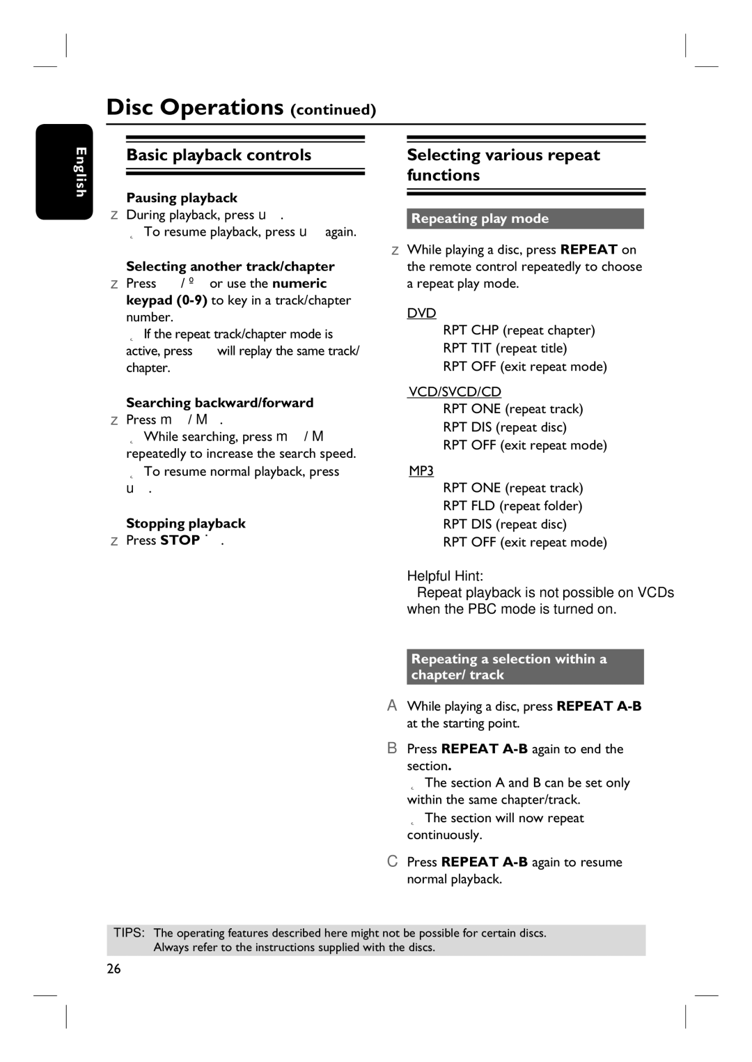 Magnavox MRD100 user manual Basic playback controls, Selecting various repeat functions, Repeating play mode 