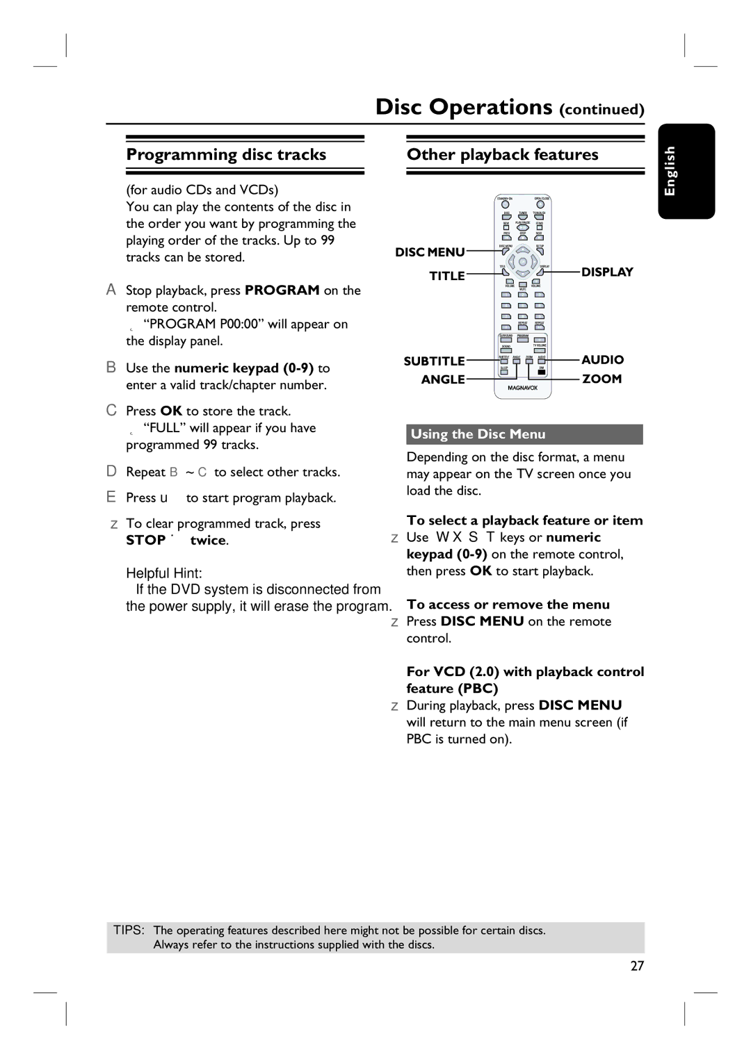 Magnavox MRD100 user manual Programming disc tracks, Other playback features, Using the Disc Menu 