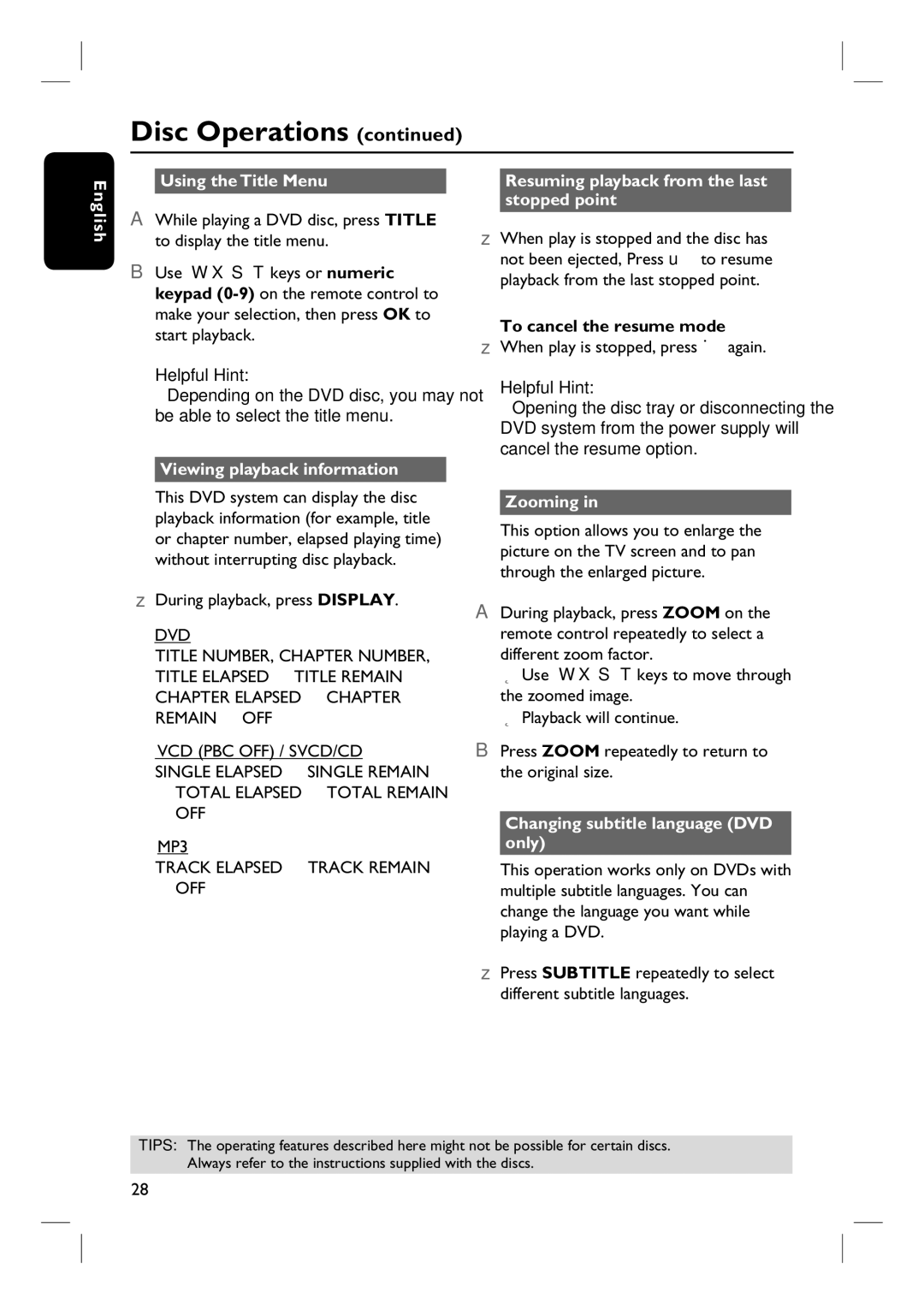 Magnavox MRD100 English Using the Title Menu, Viewing playback information, Resuming playback from the last stopped point 