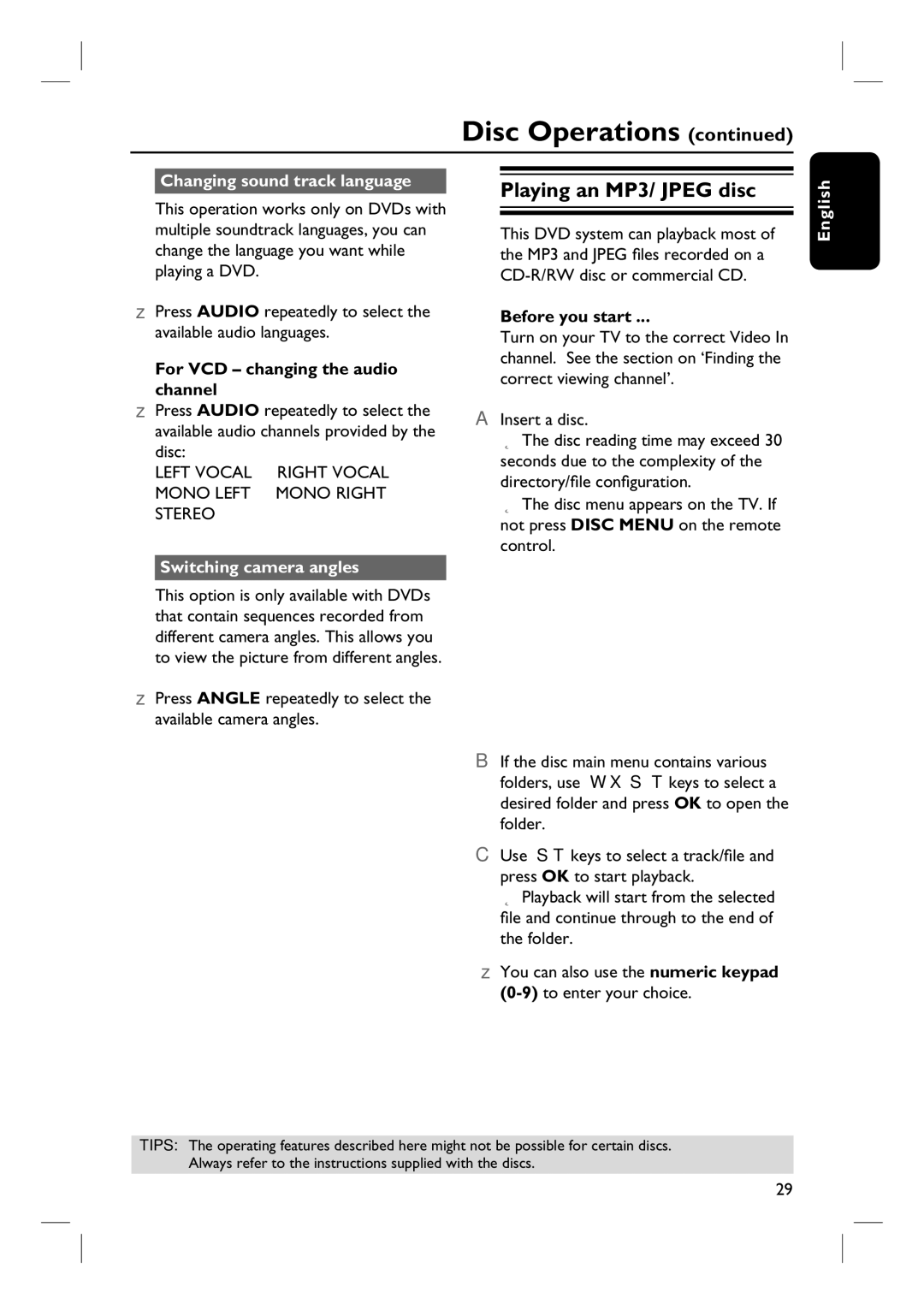 Magnavox MRD100 Changing sound track language, For VCD changing the audio channel, Disc, Switching camera angles 