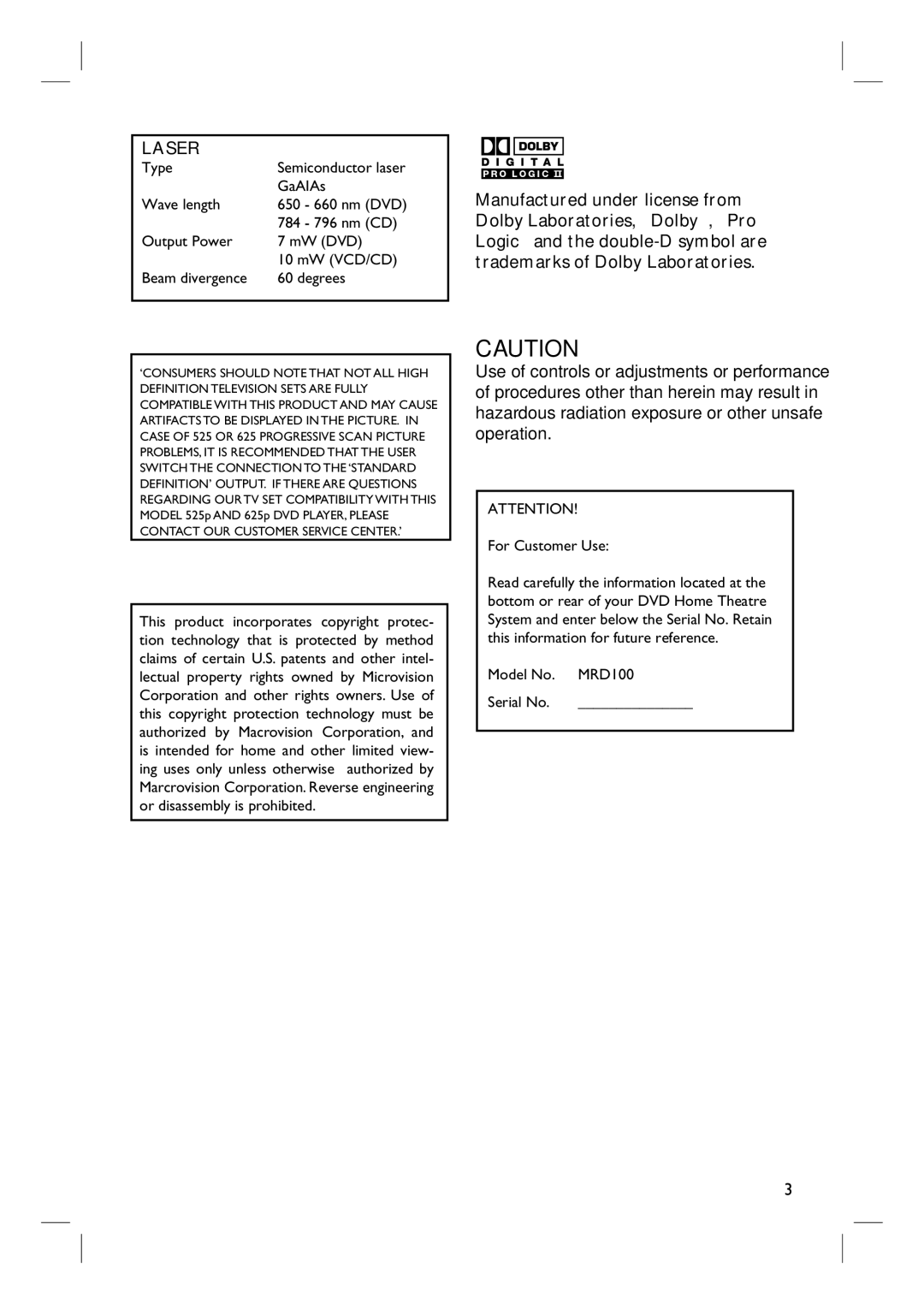 Magnavox MRD100 user manual Laser, Degrees 