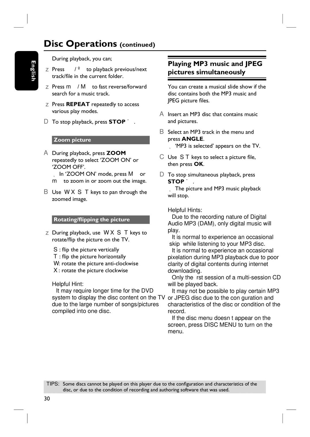 Magnavox MRD100 user manual Zoom picture, Rotating/flipping the picture, During playback, use, Stop Ç 