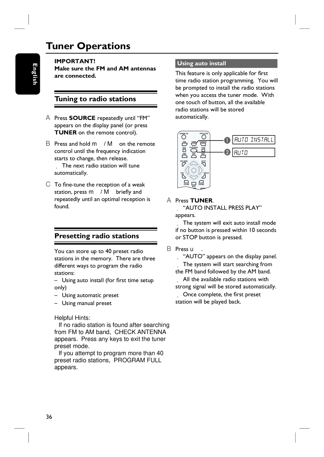 Magnavox MRD100 user manual Tuner Operations, Tuning to radio stations, Presetting radio stations, Using auto install 