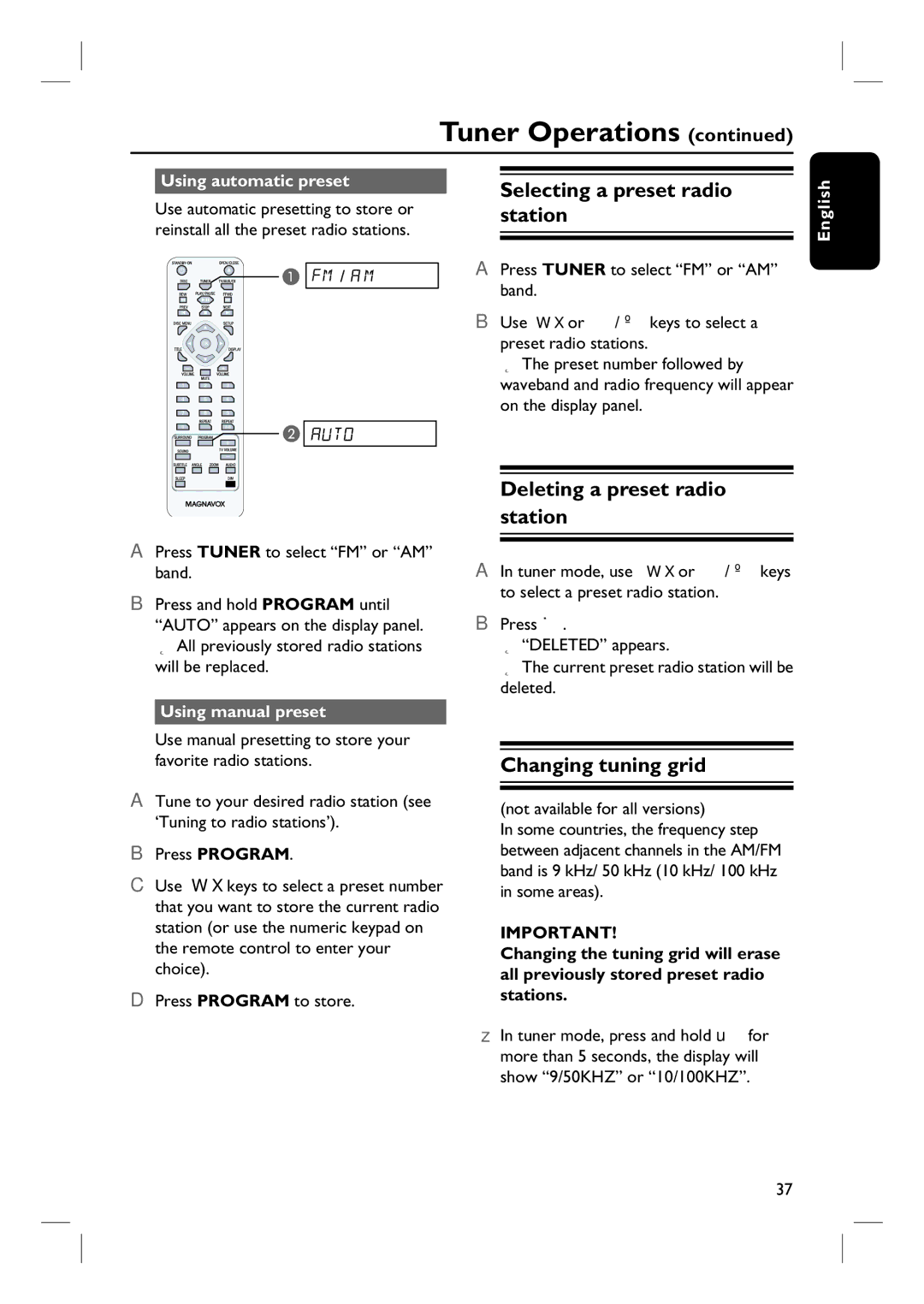 Magnavox MRD100 user manual Selecting a preset radio station, Deleting a preset radio station, Changing tuning grid 