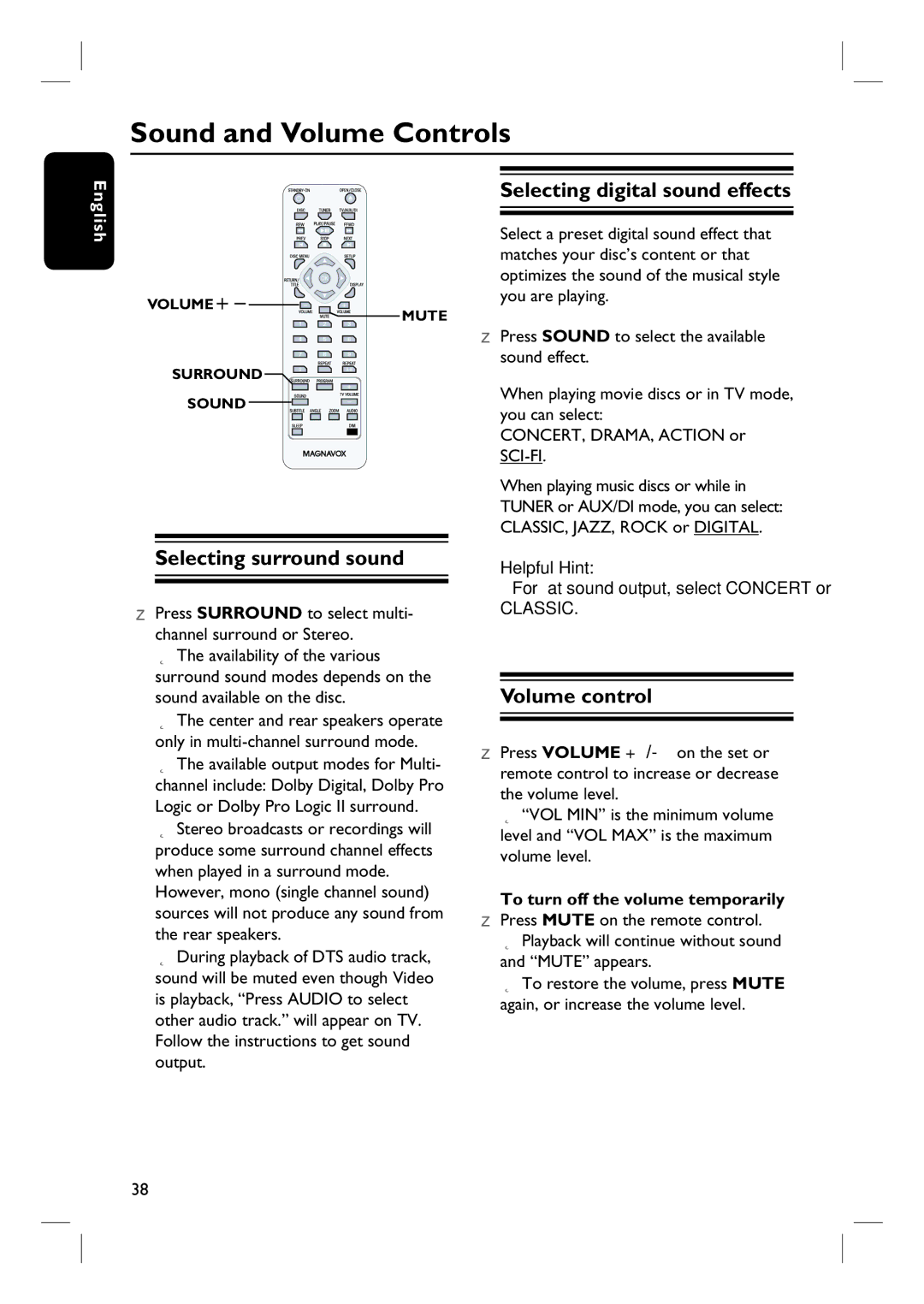 Magnavox MRD100 Sound and Volume Controls, Selecting digital sound effects, Selecting surround sound, Volume control 