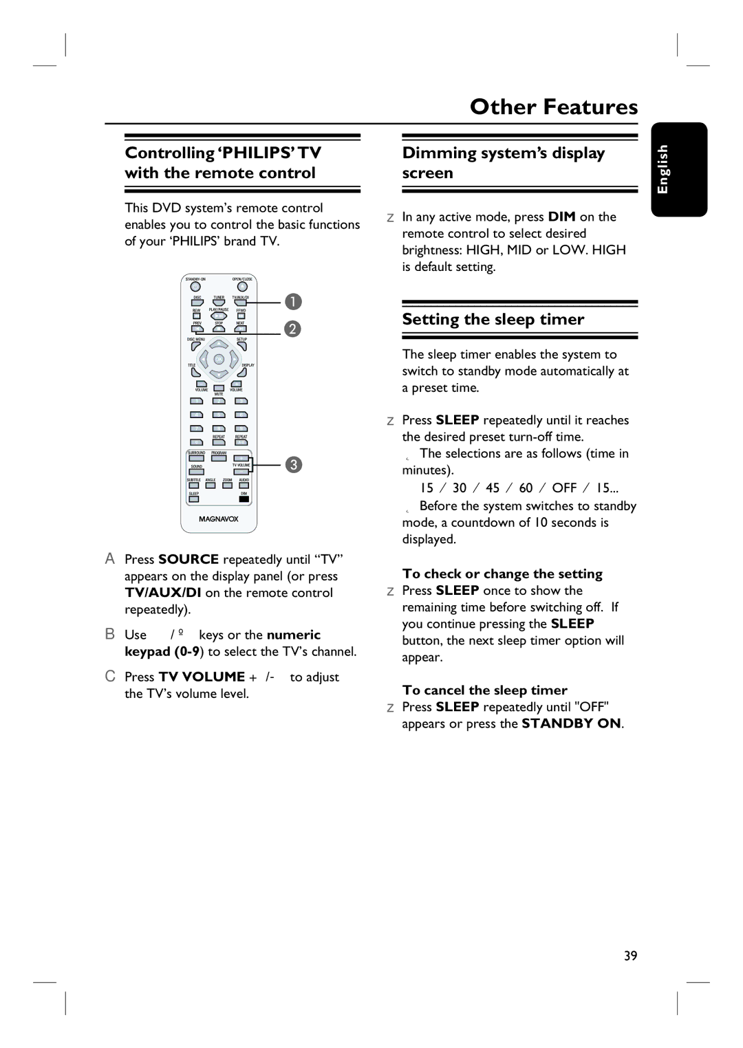 Magnavox MRD100 Other Features, Controlling ‘PHILIPS’ TV with the remote control, Dimming system’s display screen 