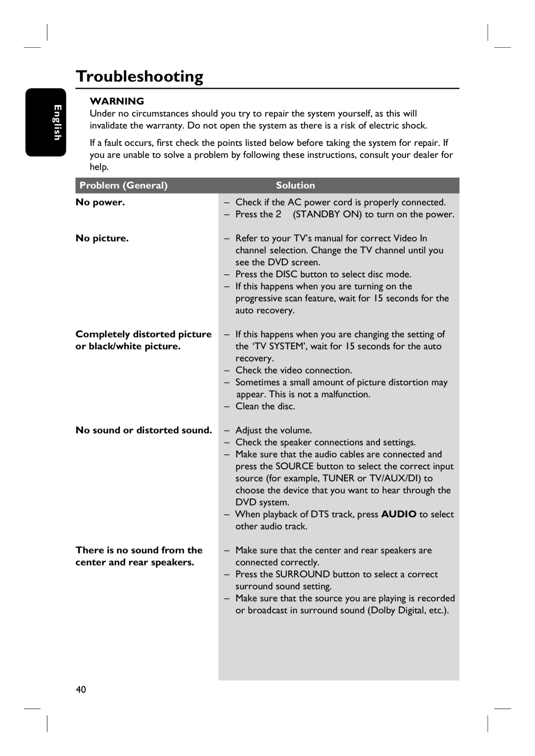 Magnavox MRD100 user manual Troubleshooting, Problem General Solution 