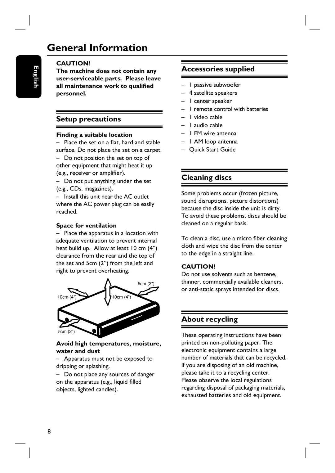 Magnavox MRD100 user manual General Information, Setup precautions, Accessories supplied, Cleaning discs, About recycling 